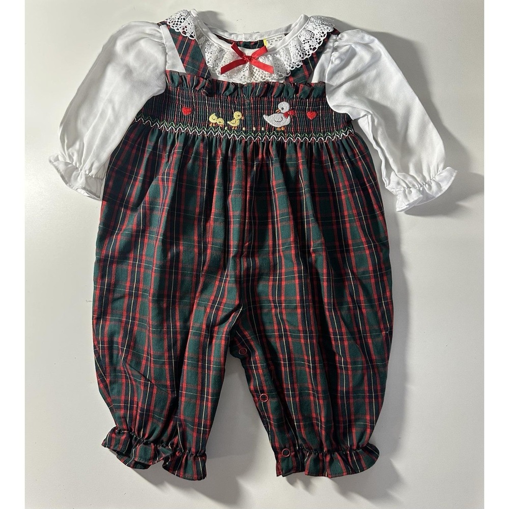 VTG 90s Buster Brown Plaid Smocked Baby Romper Holiday Embroidered Ducks 3-6M